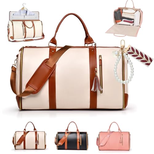 Styleushaven Foldable Travel Bag 2.0, Styleushaven Travel Bag with 360° Smooth Glide Wheels, 2 in 1 Convertible Duffle Bag with Anti-Slip Zippers, Premium PU Leather (Beige,Without Tie Rod)