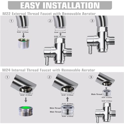 Brass Faucet Diverter Valve with Aerator, Faucet Adapter for Sink Hose Attachment, 3 Way Faucet Splitter with Male Thread Adapter, Faucet Connector for Bathroom/Kitchen(Chrome)