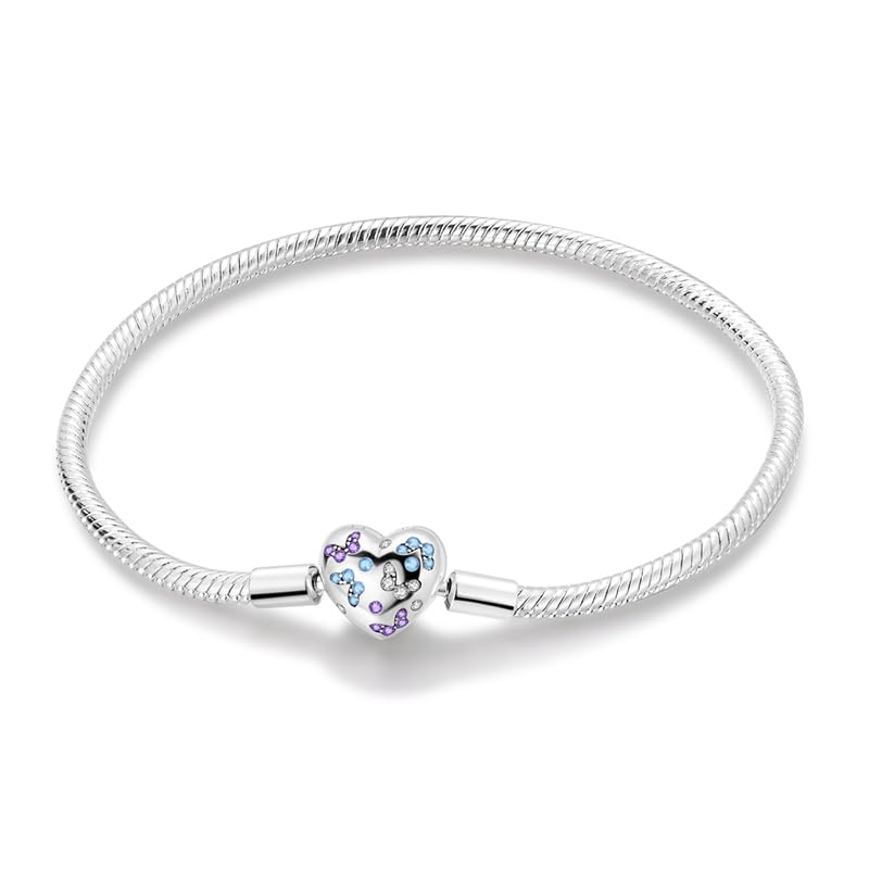 Image of 925 Sterling Silver Snake Chain Bracelets Fit Pandora Charms,Heart Clasp Bracelets Perfect For Any Glamour Gift for Women with 5 A Cubic Zirconia