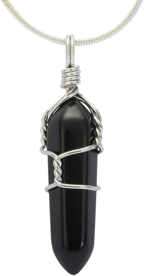 Natural Gemstone Bullet Pendant Necklace Wire Wrapped Healing Crystal Stone Quartz Reiki Chakra Energy Rock 18 Inch Stainless Steel Chain Waterproof Women Jewelry