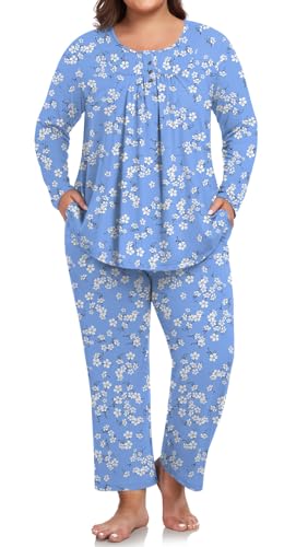 POPYOUNG Plus Size Womens Pajamas Set 2 Piece Pjs Sleepwear Long Sleeve Fall & Winter Lounge Outfits with Pockets L-5XL2