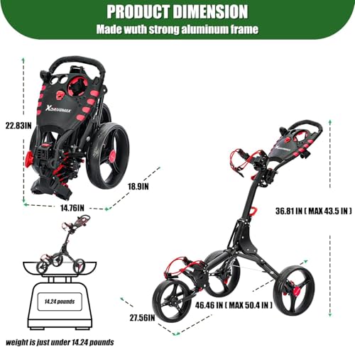 Image of XDriveMax GC408 Folding Golf Push Cart, 3 Wheel Golf Trolley Lightweight Golf Bag Pull Cart Caddy Cart for Golf Clubs and Golf Bag with Cup Holder Scorecard Holder /Storage Compartment(Red) Pack