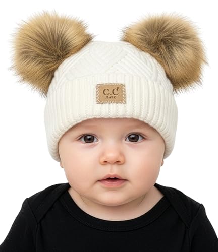 Image of Funky Junque Double Pom Pom Baby Beanie – Newborn Girl Winter Hat 0–12 Months, Cute Cozy Knit Infant Beanies for Cold Weather