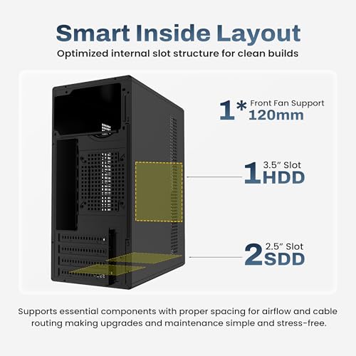Image of EVM Enigma 126 Micro ATX Computer Cabinet - Micro-ATX /Mini-ITX PC Case with ATX PSU Support, USB & Audio Ports, 4 PCI Slots, HDD & SSD Storage Support, 120mm Fan Support, 250mm GPU Clearance, Black