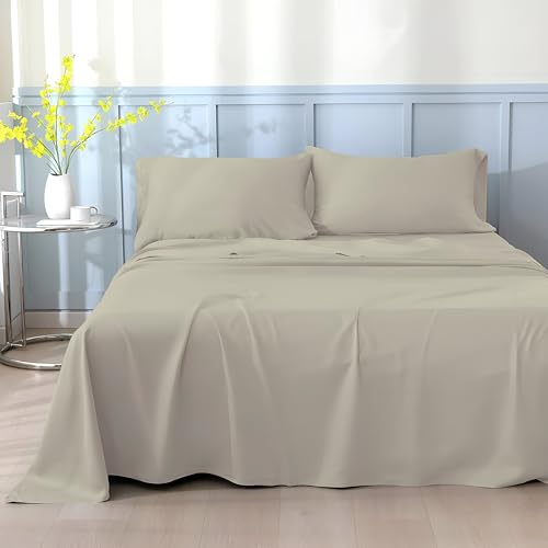 SKY BEDDINGS Olympic Queen Sheet Set 66 x 80-100% Egyptian Cotton, 600 Thread Count - 4 Piece Bed Sheets for Super Queen RV Mattress - Sateen Weave, Hotel Quality, Cooling & Breathable - Beige