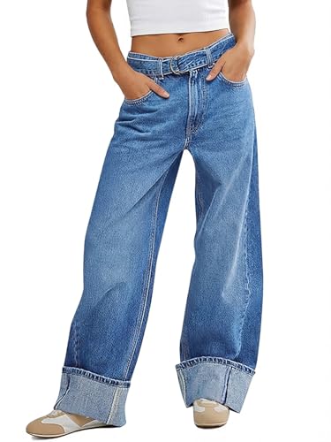 Tankaneo Womens Wide Leg Cuffed Jeans Trendy High Waisted Baggy
