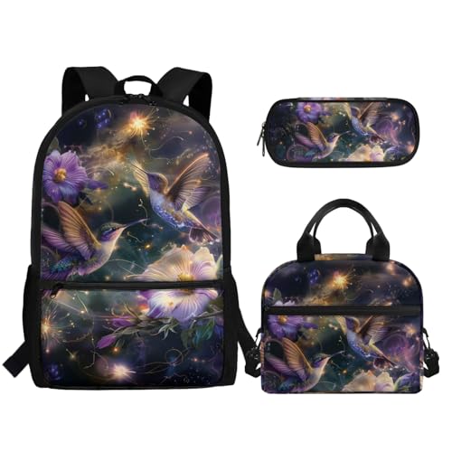 Hummingbird Flower 17 Inch Backpack Set School Bag with Insulated Lunch Portable Bag Pencil Holder Organizer 3 Piece for Children Boys Girls Teens Schoolbag Knapsack