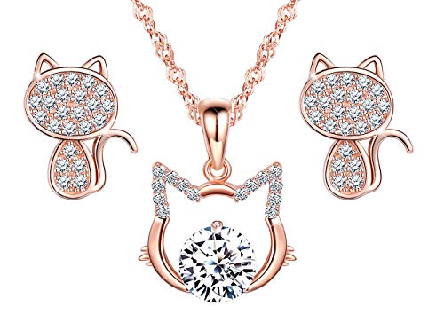 Collar de gato lindo y pendientes de plata de ley con circonitas 1