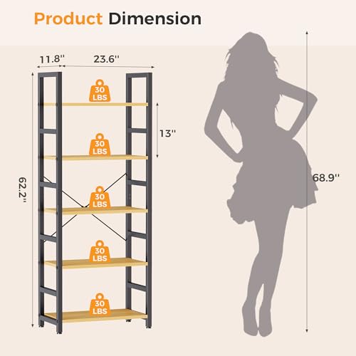 Image of DUMOS 5-Tier Bookshelf, Modern Tall Bookcase, Open Storage Display Shelf for Living Room, Bedroom, Home Office, Narrow Standing Shelving Unit for Books, CDs, Decor,Wood