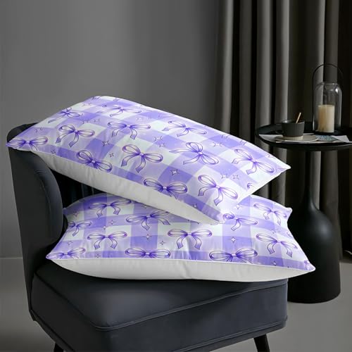 Image of AILONEN Violet Checkered Comforter Full 3 Piece Preppy Bow Bedspread Breathable Fabric Padded Quilt Teens Cool Room Decoration Plaid Pattern Lavender Cover 2 Shams