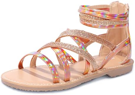 shoeslocker Girls Gladiator Sandals Summer Flat Open Toe Summer Shoes Strap Ankle Sandals with Back Zipper for Little Kids Big Kids Gold Size 1