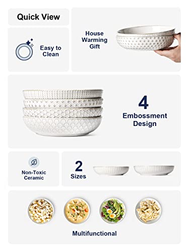 Le Tauci Pasta Bowl 36 Oz, Salad Bowl Serving Plate Bowls, House-Warming Gift, Ceramic Embossment Stoneware Bowl For Pasta, Fruits, Salad, Noodle, Dinner - 8 Inch, Set Of 4, Arctic White #TOP1