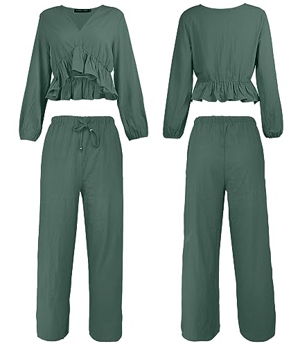FANCYINN Womens Two Pieces Outfits Long Sleeves Deep V Neck Crop Top Side Slit Drawstring Wide Leg Pants Set Jumpsuits Dark Green S