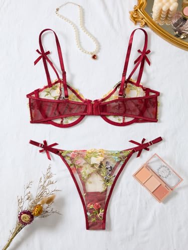 Image of Lilosy Sexy Underwire Cute Push Up Strappy Embroidered Mesh Sheer Lingerie Set See Through Panty Bra