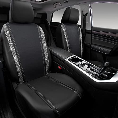 CAR PASS Leather Bling Diamond Car Seat Cover 2 Front Interior Sets, Waterproof Universal Shining Glitter Crystal Sparkle Fit for 95% Automotive Truck SUV Cute Women Girl, Black Silver Rhinestone — view 6