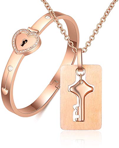Jbniuay Valentinstag Paar Partner Geschenk, Silber Herz Sperren Armband mit Strass Zirkonia, Schlüssel Dogtag Anhänger mit Kette 50cm für Damen Herren Pärchen Geschenke Cover