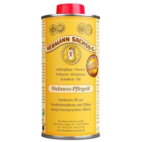 Hermann Sachse Huile d'entretien pour bois de noyer 250 ml - Huile naturelle pour meubles et tables - Entretien du bois pour chêne, noyer, hêtre et pin - Nourrit et protège - Portée : environ 2 à 4 m²