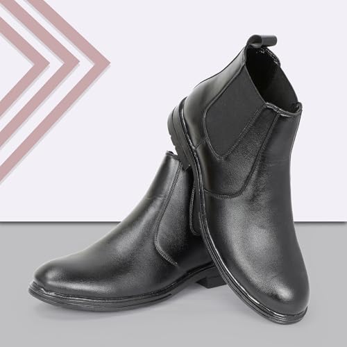 Image of Men Black Chelsea Boots, Faux Leather Ankle Boots with Elastic Side Panels