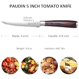 PAUDIN Tomato Knife, 5 inch Serrated Tomato Knife with Sheath | High Carbon Stainless Steel Tomato Slicer Knife for Smooth Cutting Slicing Vegetables and Fruits