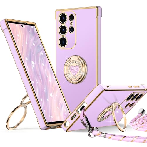 Image of XYZ for Galaxy S24 Ultra Case with Stand, for Samsung Galaxy S24 Ultra Case with Double Ring, Women Girls Bling Luxury Phone Case Heart for Samsung S24 Ultra, Purple