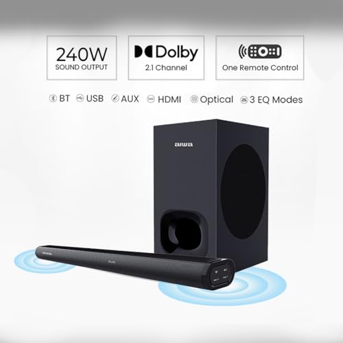 Image of Aiwa Soundbar with Bluetooth V5.3 and Powerful Bass, 6.50 Inches Subwoofer, 2.1 Channel with Remote Control SD Card, HDMI AUX, USB and Optical Connectivity 240W Sound bar | Satori - AW-SSB240 (Black)