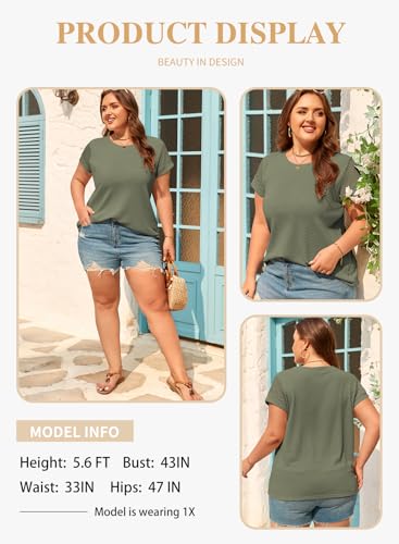 Image of Eytino Plus Size Tops for Women Waffle Knit T-Shirts Round Neck Short Sleeve Casual Loose Basic Tee Blouses(1X-5X)