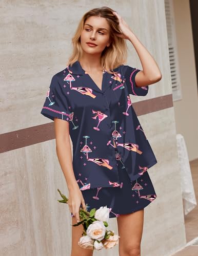 Image of Ekouaer Silk Satin Pajamas 2 Piece Pajamas for Women Set Button Down PJ Short Sleeve and Shorts Pjs Lounge Sets