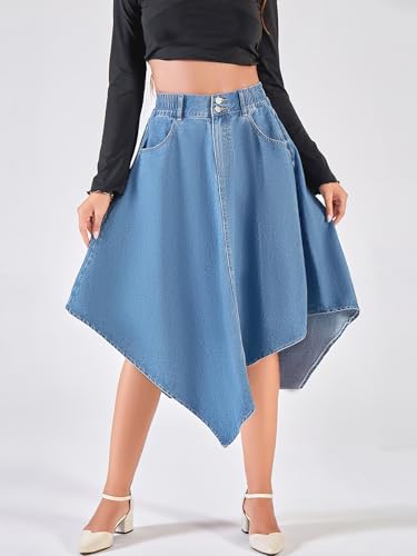 ebossy Women's Pleated Flowy Smocked Waist Handkerchief Hemline Denim Midi Skirts with Pockets2