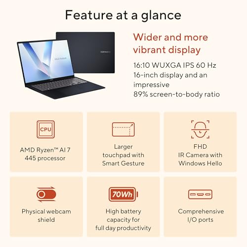 Image of ASUS Vivobook 16 Laptop - Copilot+ PC - 16 inch WUXGA 1920X1200 16:10 Display - AMD Ryzen AI 7 445-16GB RAM - 1TB SSD - Windows 11 Home - Quiet Blue -M1607GA-DS76