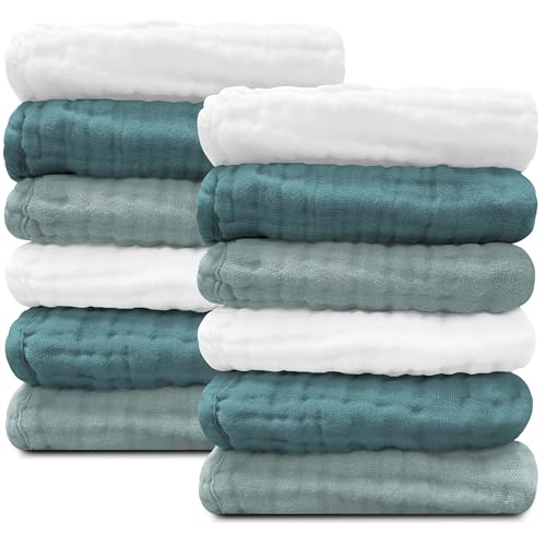 Image of Sunny zzzZZ Baby Muslin Washcloths -100% Cotton Muslin Soft Baby Bath Wash Cloths and Absorbent Burp Cloths for Newborns Kids Girls and Boys -12 Pack, 12x12 Inches - White+Light Emerald Series