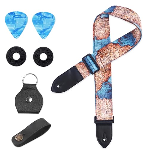 Image of Adjustable Guitar Strap Includes 2 Strap Locks & 2 Matching Picks & 1 Picks Holder & 1 leather Strap Button.