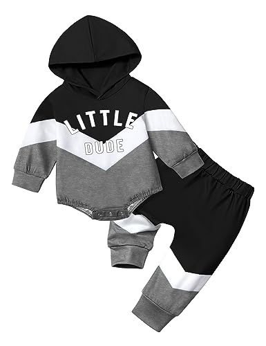 Image of AGAPENG Baby Boy Clothes Color Block Oversized Hoodie Sweatshirt Onesie Romper Long Pants Sweatsuit Fall Winter Outfits Set