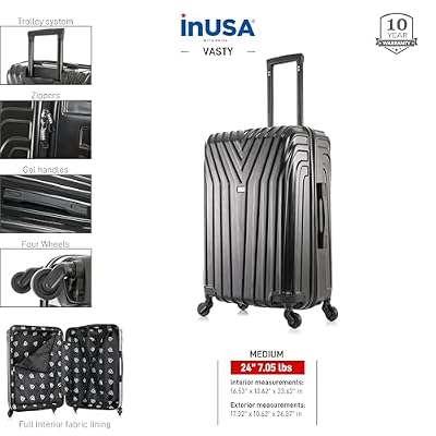 InUSA VASTY Luggage with Spinner Wheels | Durable Lightweight Hardside Suitcase, Travel Bag with Handle and Trolley, 24-Inch Medium Checked Luggage | Black