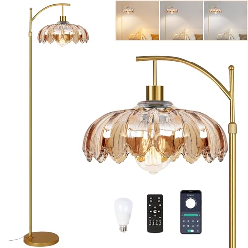 Image of AHDWDW Gold Arc Floor Lamp for Living Room with Remote,Dimmable Modern Floor Lamps with Amber Glass Shade,Unique Vintage Flower Standing Tall Lamp,Mid Century Floor Lamps for Bedroom Office Corner