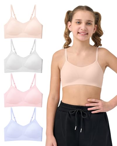 Sascina Teen Bras for Girls Ages 12-14 Seamless Teen Girl Sports Bra Adjustable Straps Tween Bras for Girls 10-16 Removeable Padding Nude/Gray/Blue/Pink, Large
