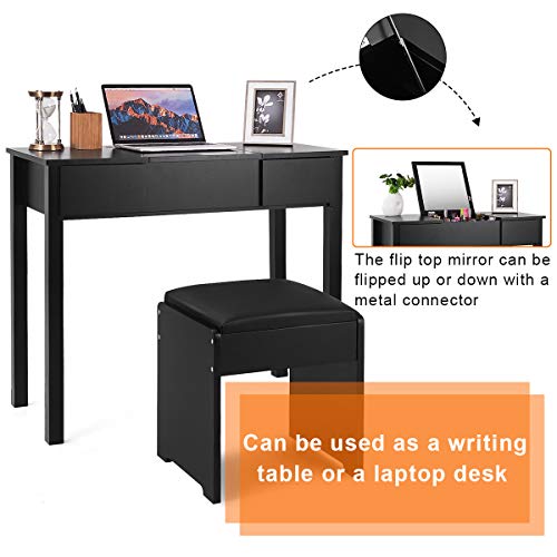 Giantex Vanity Set With Flip Top Mirror And Cushioned Stool, Makeup Dressing Table Writing Desk With 2 Drawers & 3 Removable Organizers, Makeup Table Set Easy Assembly, Black #TOP3