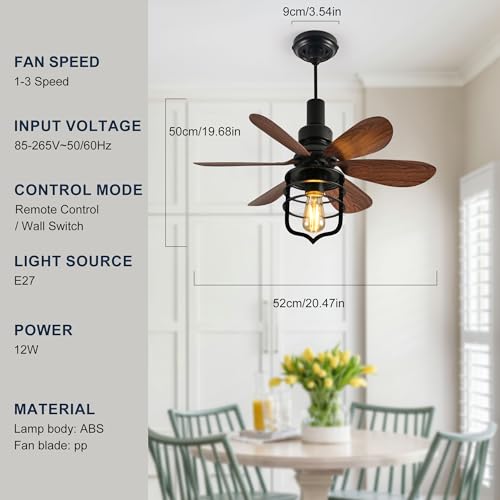 Ganeed Ventilador de techo atornillado Zócalo de luz con mando a distancia E27 Ventiladores pequeños para dormitorio Casa de campo Lámpara industrial Lavandería Garaje Pasillo vestíbulo Negro - imagen 2