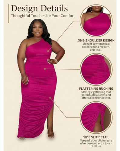 Image of Womens Sexy Plus Size One Off Shoulder Sleeveless Bodycon Ruched Evening Pencil Party Maxi Dresss