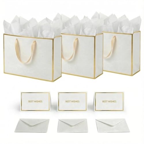 JUNESHE 3 Sets Large Gift Bags with Handles, White& Gold, 13.8×10.2×5.1 IN
