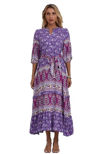 Image of Women Boho High-Waist Floral Print Maxi Dress 3 /4 Sleeve Casual | Soft Rayon, Breathable, Quick-Dry. High-Waist with Adjustable Belt, Flattering Hem. Ideal for Beach, Work & Dating.