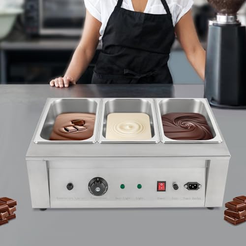 3 Tanks Chocolate Melting Pot, Chocolate Melter Temp Control from 32°F to 176°F, Stainless Steel Electric Commercial Food Warmer for Chocolate/Milk/Cream Melting and Heating
