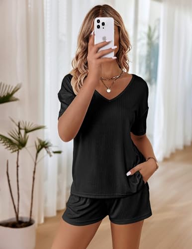 Ekouaer Womens Ribbed Knit Lounge Set Short Sleeve Top and Shorts Sleepwear Pajama Set Two Piece Shorts Outfits Set2