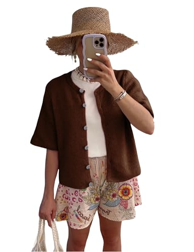SCUSTY Women's Lightweight Cardigan Short Sleeve Button-Down Summer Cardigan Sweater(Brown-L)