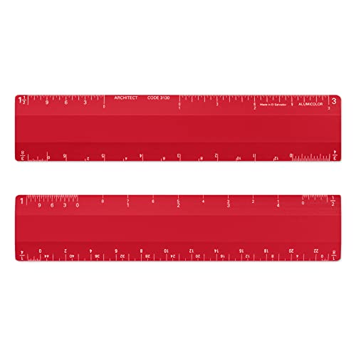 Alumicolor Architect - Righello Da 15,2 Cm Con 4 Design Smussato Per Disegno, Disegno E Ingegneria, Calibrazioni Divise Per (1/8, 1/4), (1/2, 1), (3/8, 3/4), (3, 11/2), Rosso