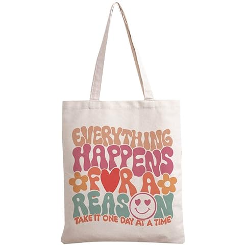 HuxtleEssentials Everything Happens For a Reason Happy Canvas Tote Bag Minimalist Aesthetic Shoulder Bags Beach Tote Bag with Handles Inspirational Shopping Grocery Bag for Mothers Teachers Bags Cover