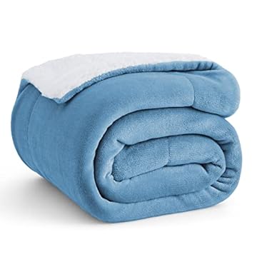 Bedsure Sherpa Fleece Throw Blanket - Thick and Warm, Fluffy Microfiber & Solid Soft Blankets for Bed and Couch Throw/Single Size, Washed Blue, 130x150cm