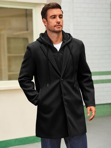 Runcati Mens Trench Coat Single Breasted Mid-Long Pea Coat Classic Winter Business Jacket with Detachable Hood3