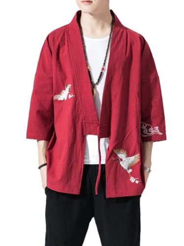 Image of Men's Japanese Kimono Cardigan Loose Cotton Linen 3 /4 Sleeve Open Front Casual Summer Shirt Jackets
