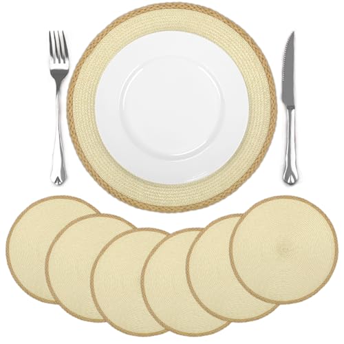 comfoyar Juego de 6 Manteles Individuales Beige Blanco Redondo Trenzado, Salvamanteles Individuales de Manteles Resistente al Calor para Cocinas y Comedores Decoración de Mesas para Fiestas 36x36cm
