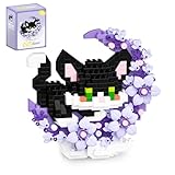 ZenithAura Katze Mikro Klemmbausteine Mit Blumen, Blumen Mini Bausteine Set, Tier Mikro Bausteine Bausatz, Home Office Deko Geschenk Für Erwachsene Und Teenager (Schwarz)